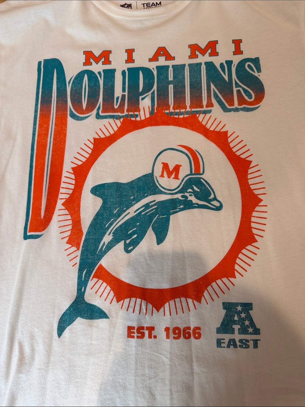 Miami Dolphins White Short Sleeve Tee with Teal & Orange Graphics - Picture 3 of 7